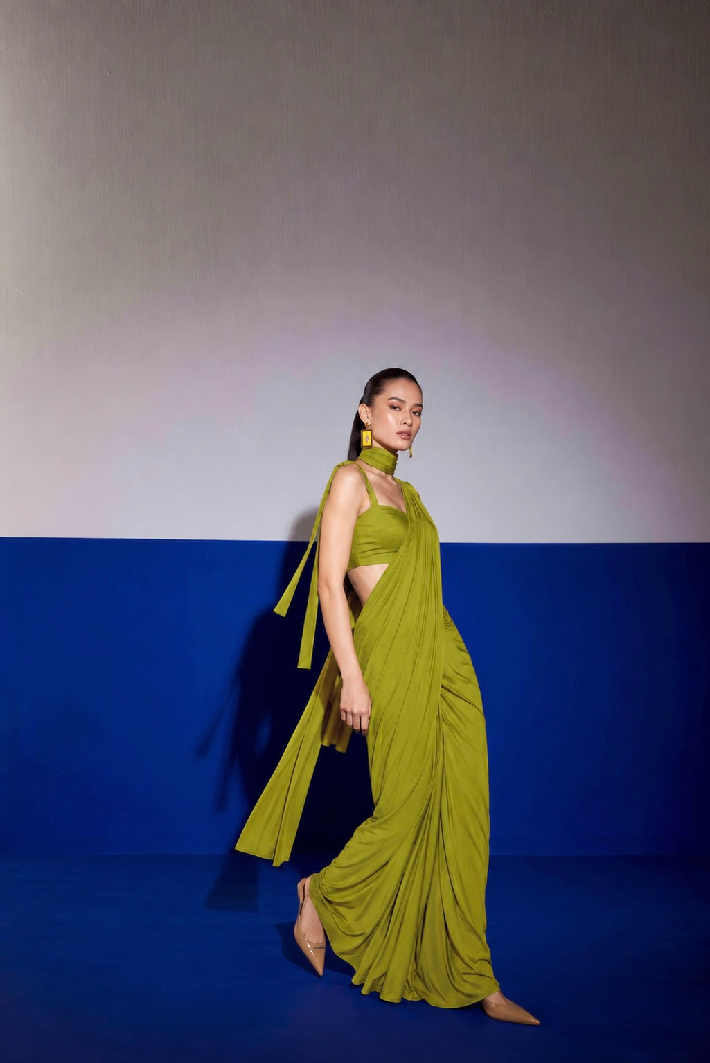 EXTRA HOT PRE STITCHED SAREE IN SOLID GREEN